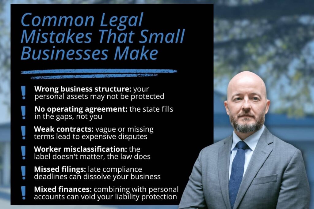 A legal checklist of common small business mistakes, such as missed filings and mixed finances, presented by an attorney at Dill, Evans & Rhodeback to help owners protect their liability.