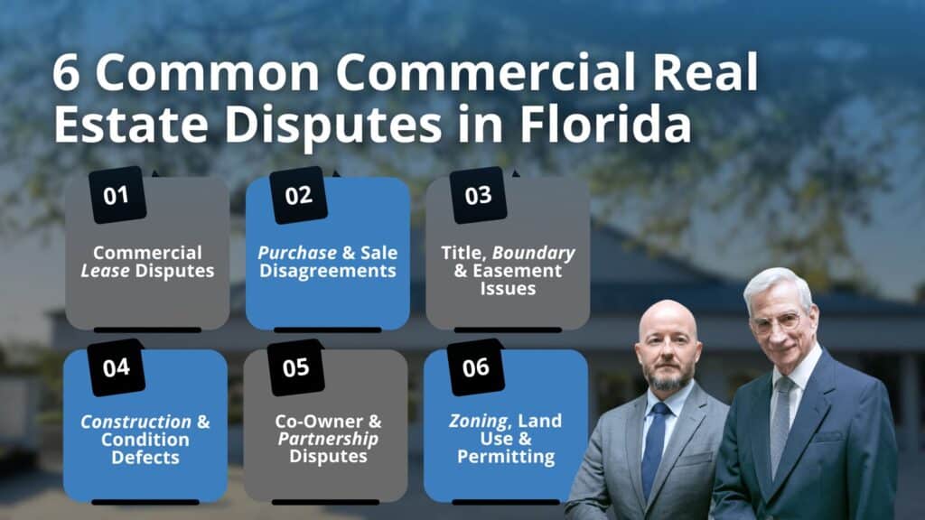 Six common commercial real estate disputes in Florida: lease, purchase and sale, title and easement, construction, co-owner, and zoning.